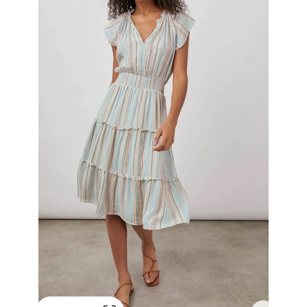 Rails Amellia linen tiered midi Dress Size S Sag Harbour Stripe boho earthy